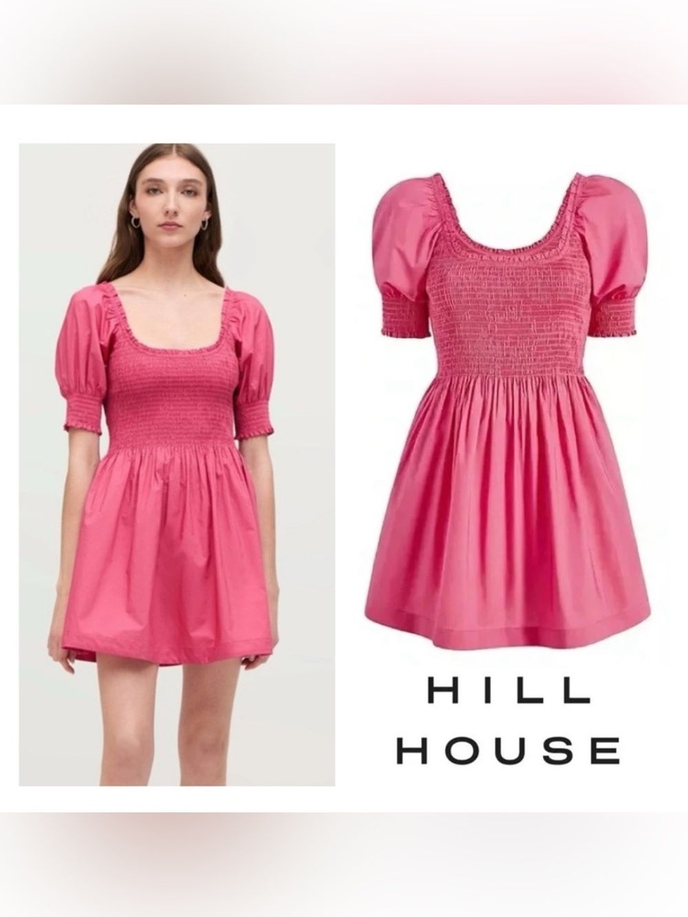 Hill House Hot Pink Smocked Puff-Sleeve Mini Nap Dress | Small